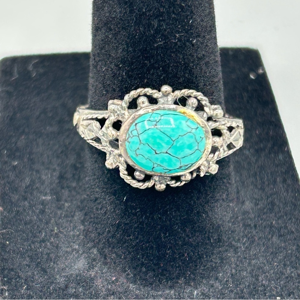 Vintage 925 Sterling Silver Turquoise Filigree Ring | Size 7 Boho - Picture 4 of 13